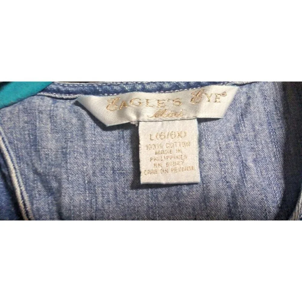 VTG Denim Dress Jumper Girls Sz L crochet floral lace button front fit flare EUC